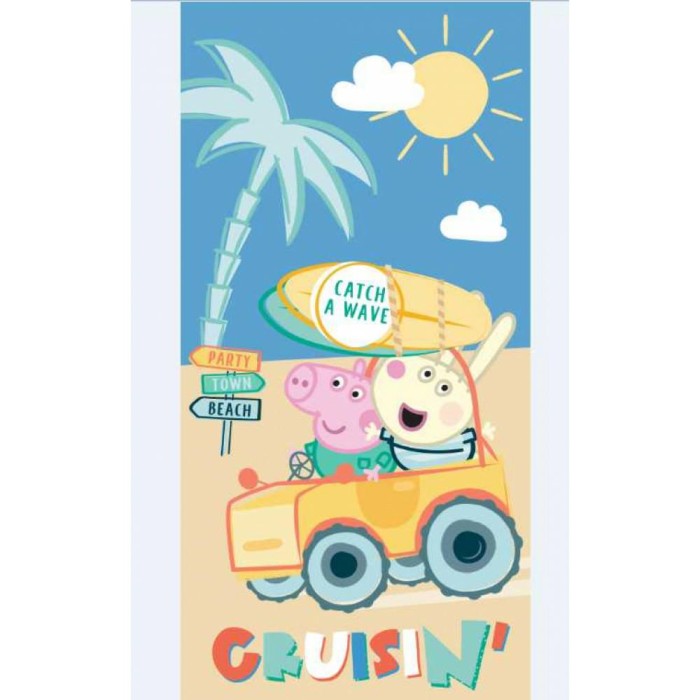 36582Ręcznik plażowy 70x140 Peppa na plaży niebieski bawełniany 320g/m2 S24-1