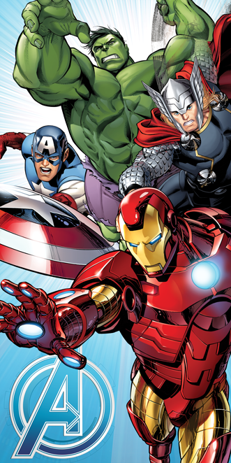 36630Ręcznik plażowy 70x140 Avengers light blue 6237 bawełniany Kapitan Ameryka Iron Man Hulk Bruce Banner Thor-1