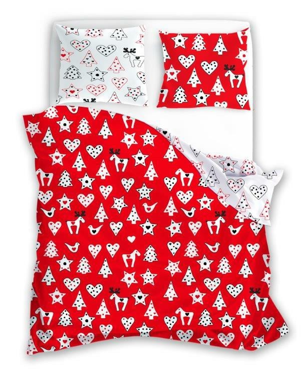 Pościel świąteczna 220x200 Scandic biała czerwona gwiazdki choinki serca renifery-1