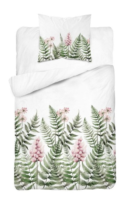 Pościel bawełniana 140x200 Bawełna 48 biała zielona paprocie kwiaty-2