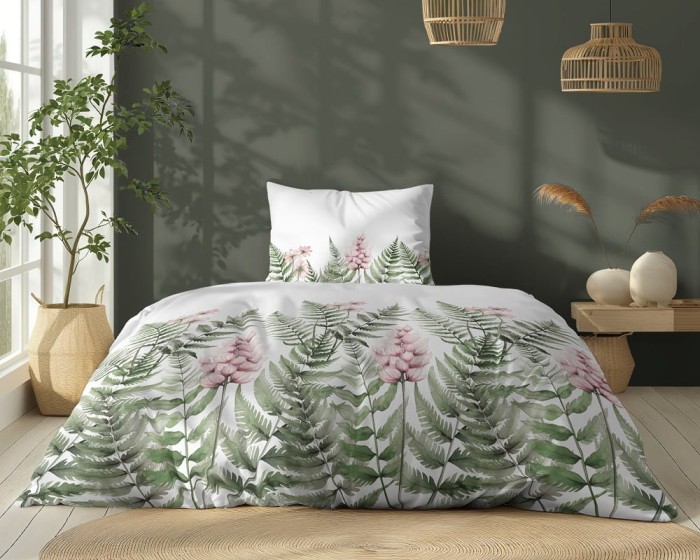 Pościel bawełniana 140x200 Bawełna 48 biała zielona paprocie kwiaty-1