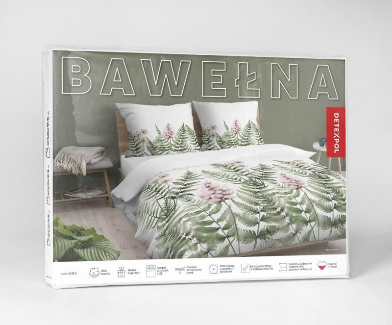 Pościel bawełniana 140x200 Bawełna 48 biała zielona paprocie kwiaty-3
