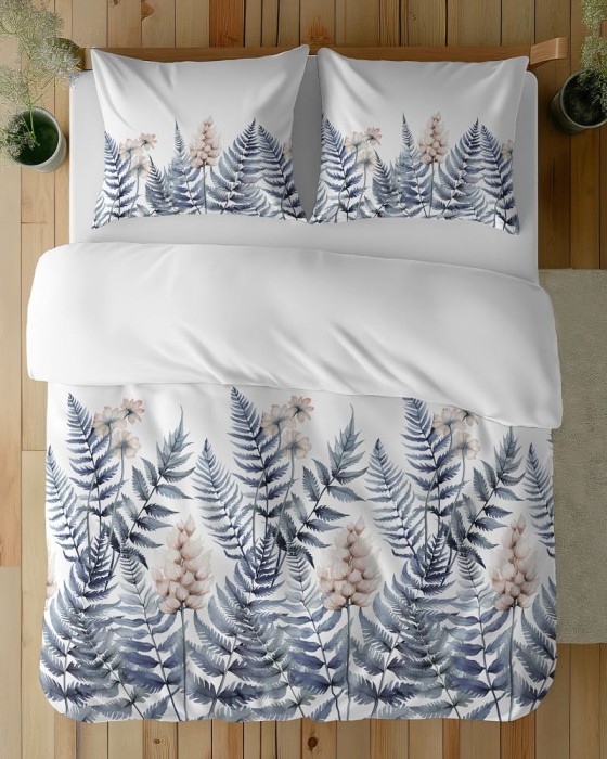 Pościel bawełniana 220x200 Bawełna 48 biała niebieska paprocie kwiaty-2