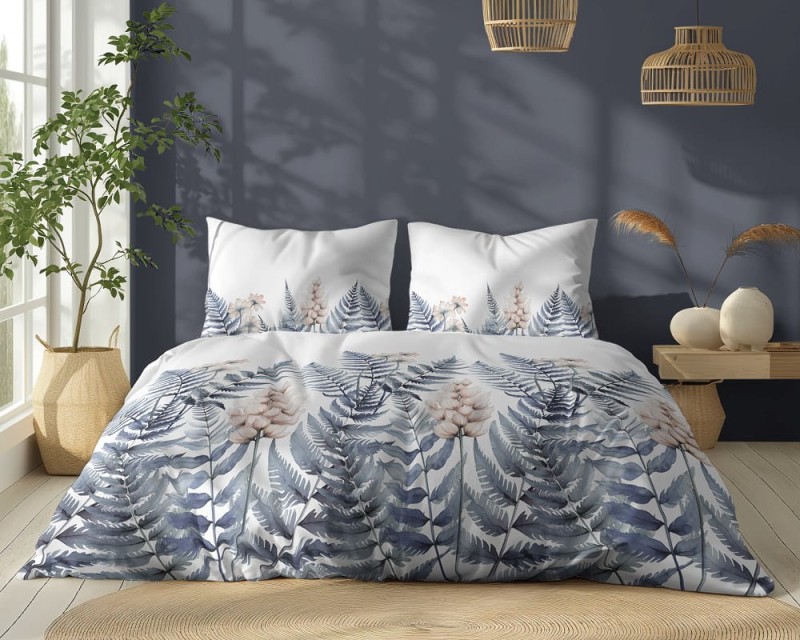 Pościel bawełniana 220x200 Bawełna 48 biała niebieska paprocie kwiaty-1