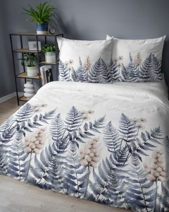 Pościel bawełniana 220x200 Bawełna 48 biała niebieska paprocie kwiaty-4