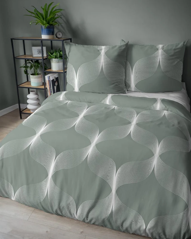 Pościel bawełniana 220x200 Bawełna 48 zielona biała geometryczna-3