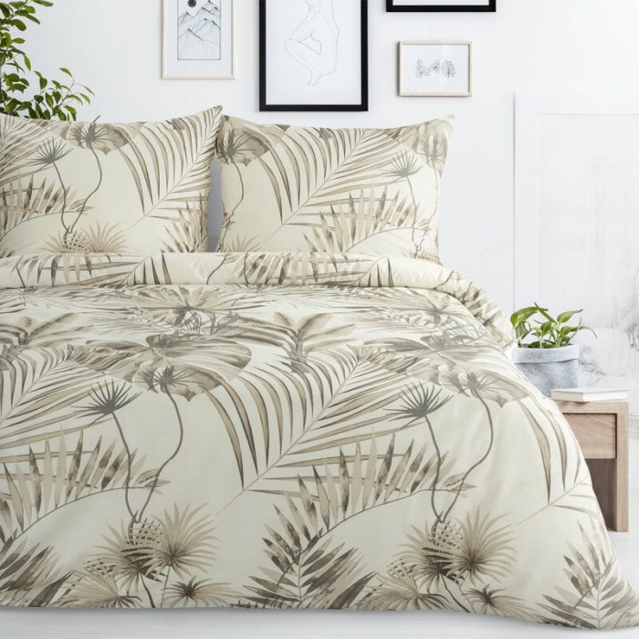 Pościel bawełniana 140x200 Nina beżowa zielona liście-1