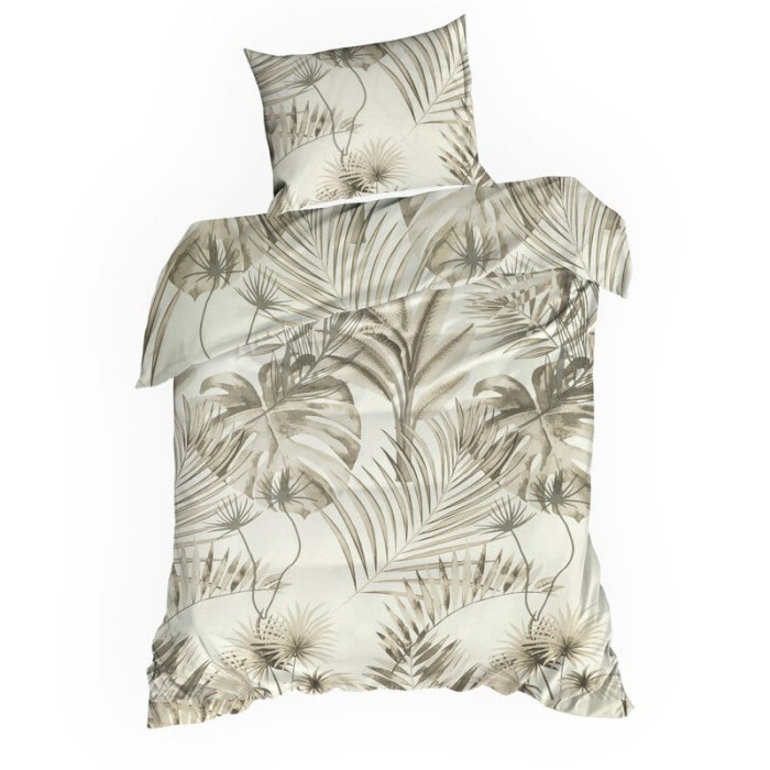 Pościel bawełniana 140x200 Nina beżowa zielona liście-2