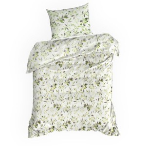 Pościel bawełniana 140x200 Mili biała zielona liście-2