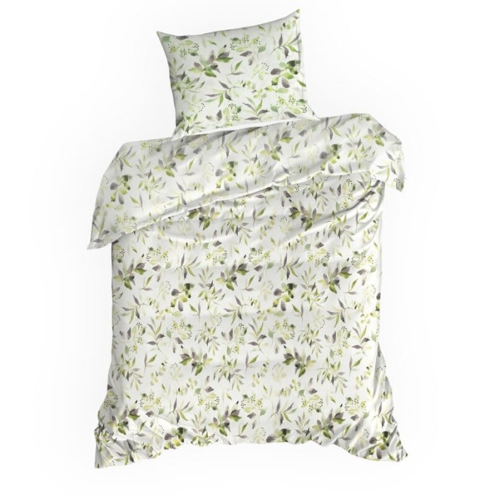 Pościel bawełniana 140x200 Mili biała zielona liście-2