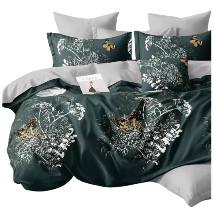 Pościel Satynowa z Mikrofibry 160x200 Dwustronna Elena 555 Motyle kwiaty -2