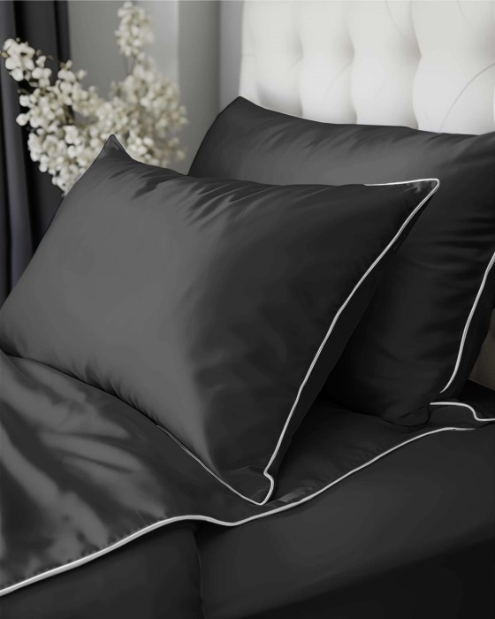 Pościel satynowa 180x200 Mako Satin 62 szara ciemna z lamówką-1