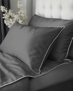 Pościel satynowa 180x200 Mako Satin 62 szara z lamówką-1