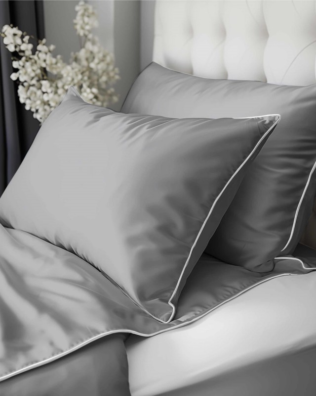 Pościel satynowa 180x200 Mako Satin 62 szara jasna z lamówką-1