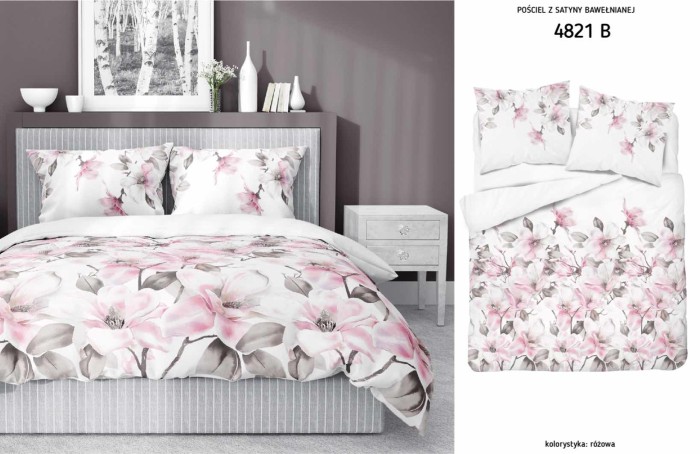 37150Pościel satynowa 140x200 biała pudrowa kwiaty 4821 B z jedną poszewką Home Satin 11-2