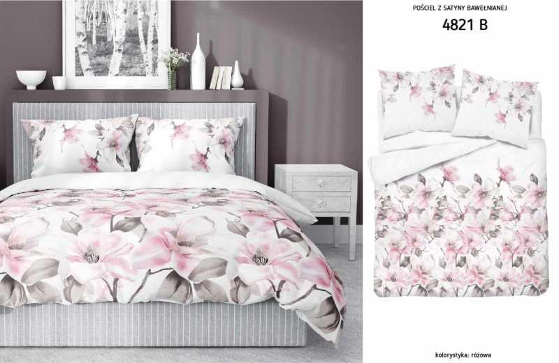 37150Pościel satynowa 140x200 biała pudrowa kwiaty 4821 B z jedną poszewką Home Satin 11-2
