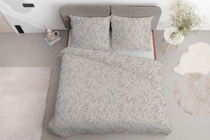 Pościel satynowa 220x200 Home Satin 410 beżowa szara jasna listki-3