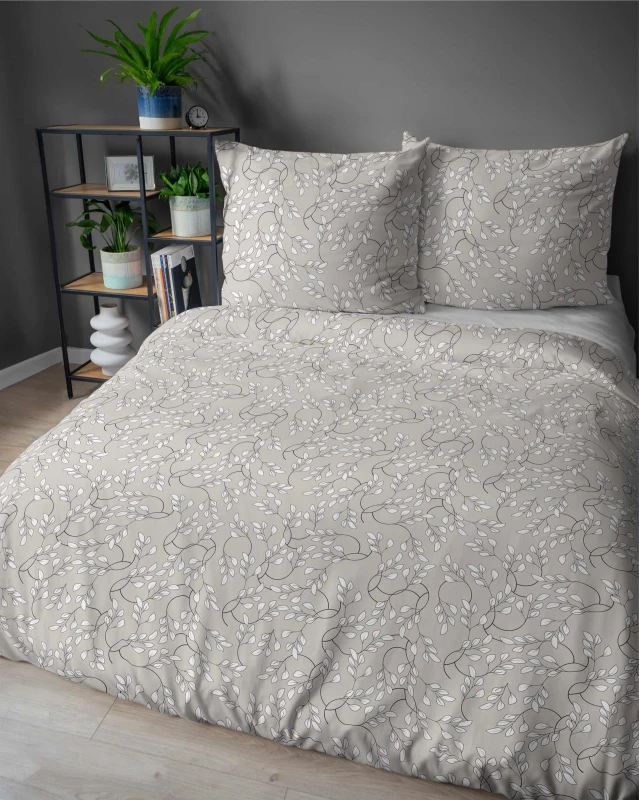 Pościel satynowa 220x200 Home Satin 410 beżowa szara jasna listki-4