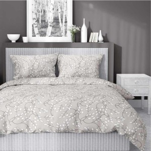 Pościel satynowa 220x200 Home Satin 410 beżowa szara jasna listki-1