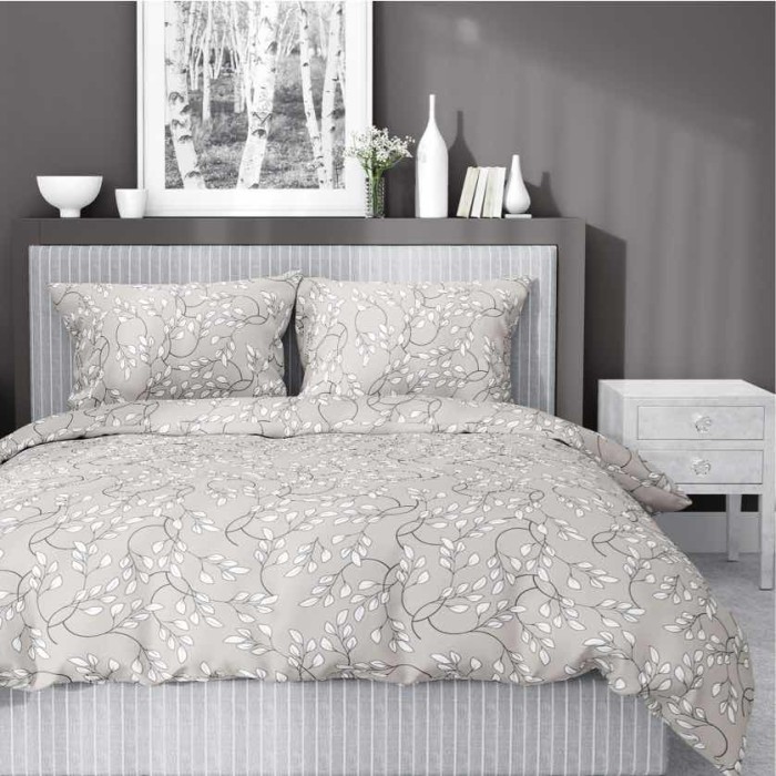 Pościel satynowa 220x200 Home Satin 410 beżowa szara jasna listki-1