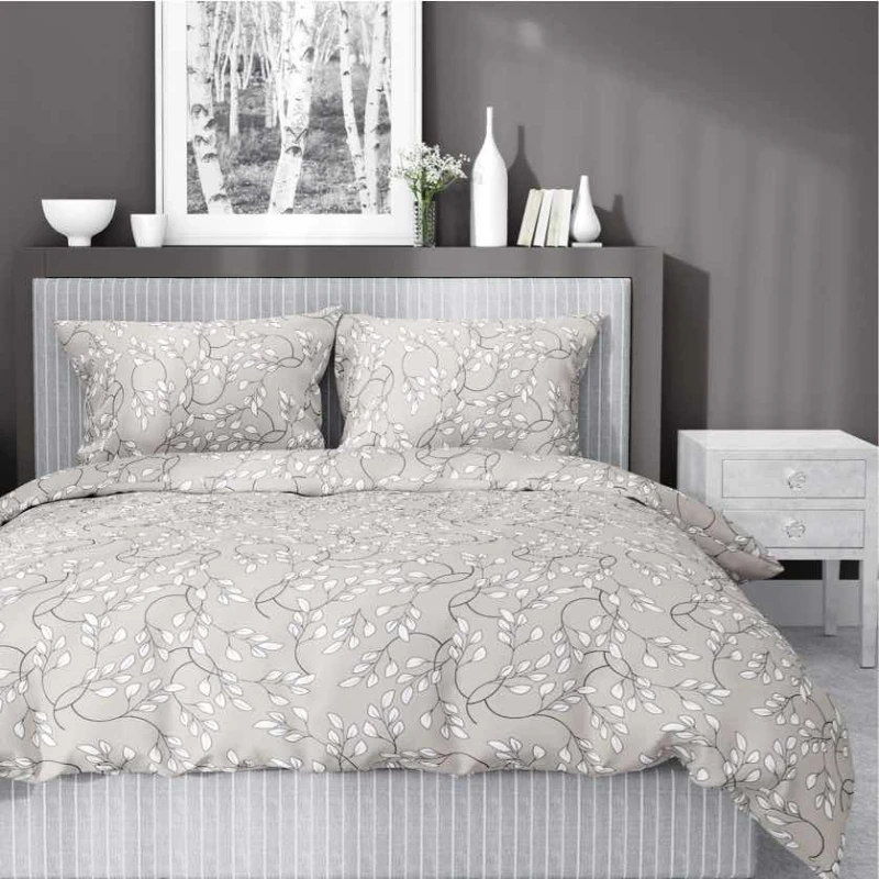 Pościel satynowa 220x200 Home Satin 410 beżowa szara jasna listki-1