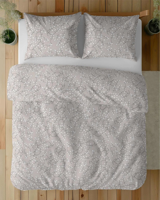 Pościel satynowa 220x200 Home Satin 410 beżowa szara jasna listki-5