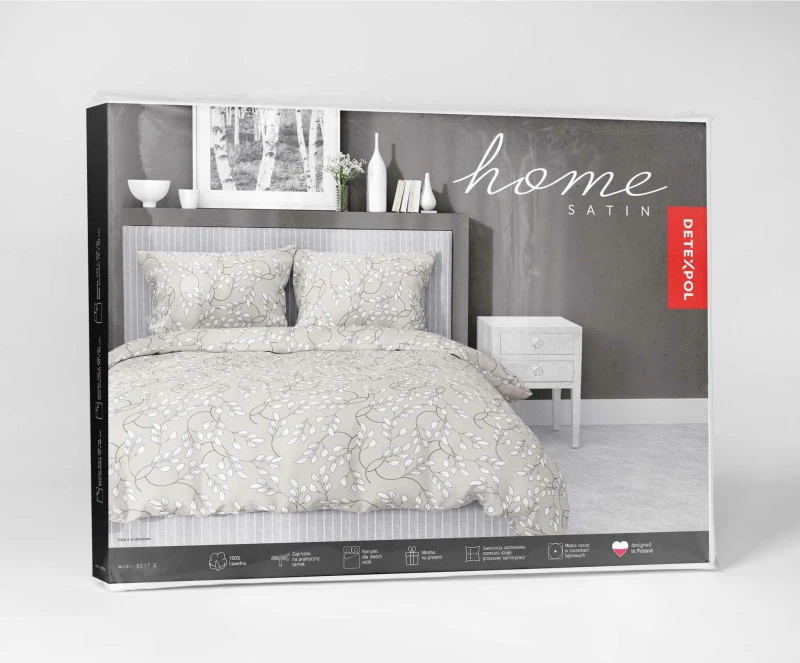 Pościel satynowa 220x200 Home Satin 410 beżowa szara jasna listki-6