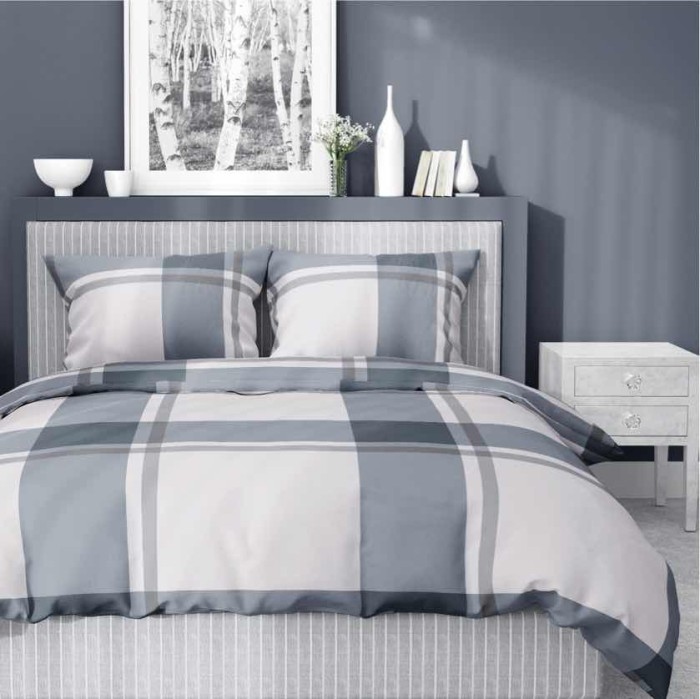 Pościel satynowa 220x200 Home Satin 410 szara beżowa kratka-1