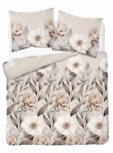 Pościel satynowa 220x200 Home Satin 410 beżowa kwiaty i liście-2