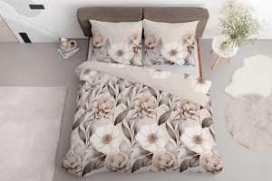 Pościel satynowa 220x200 Home Satin 410 beżowa kwiaty i liście-3