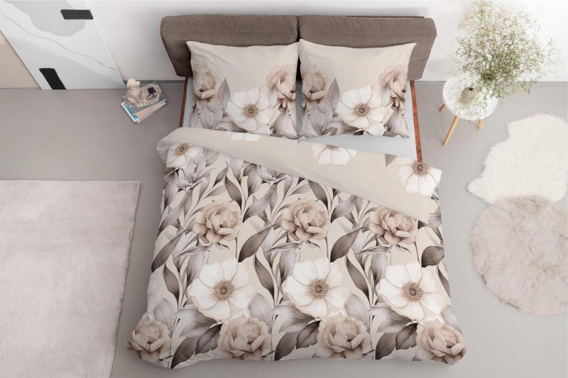 Pościel satynowa 220x200 Home Satin 410 beżowa kwiaty i liście-3