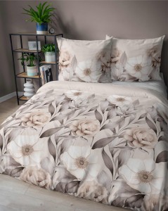 Pościel satynowa 220x200 Home Satin 410 beżowa kwiaty i liście-4
