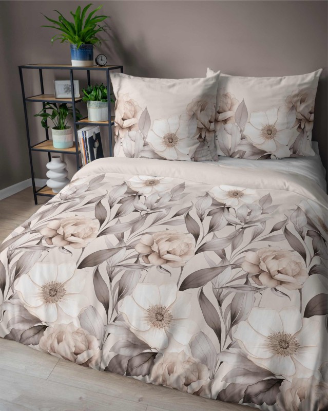 Pościel satynowa 220x200 Home Satin 410 beżowa kwiaty i liście-4