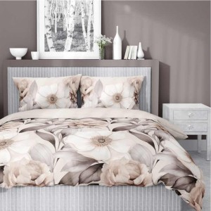 Pościel satynowa 220x200 Home Satin 410 beżowa kwiaty i liście-1
