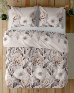Pościel satynowa 220x200 Home Satin 410 beżowa kwiaty i liście-5