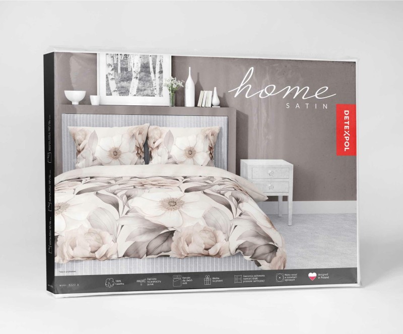 Pościel satynowa 220x200 Home Satin 410 beżowa kwiaty i liście-6