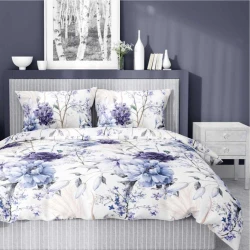 Pościel satynowa 220x200 Home Satin 410 biała niebieska kwiaty