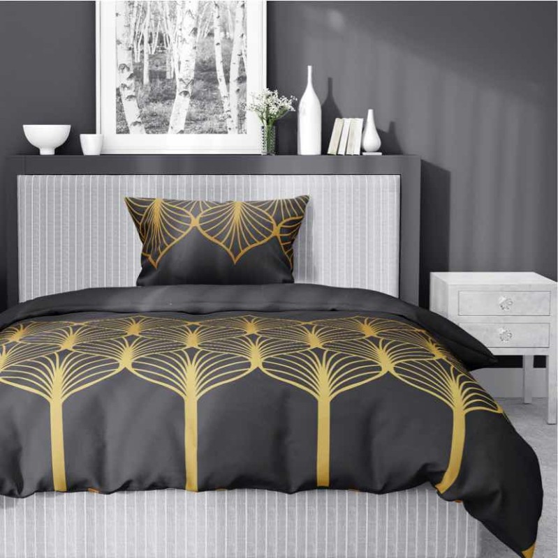 Pościel satynowa 140x200 Home Satin 41 czarna złota geometryczna-1