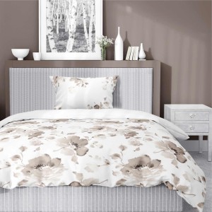 Pościel satynowa 140x200 Home Satin 41 biała w beżowe kwiaty-1