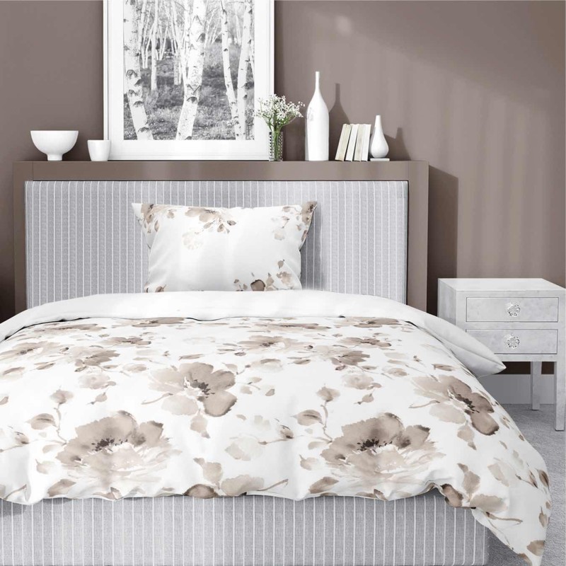 Pościel satynowa 140x200 Home Satin 41 biała w beżowe kwiaty-1