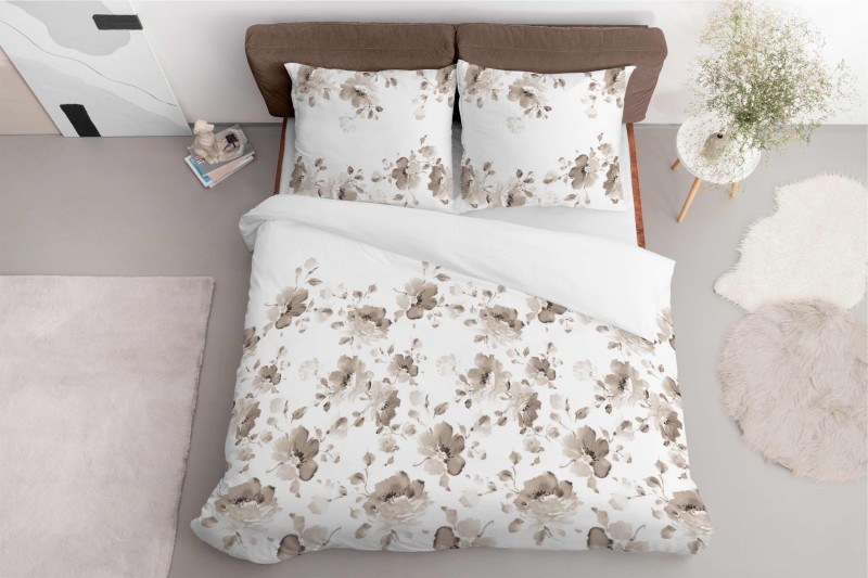 Pościel satynowa 220x200 Home Satin 410 biała beżowa kwiaty-3