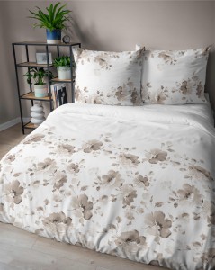 Pościel satynowa 220x200 Home Satin 410 biała beżowa kwiaty-4