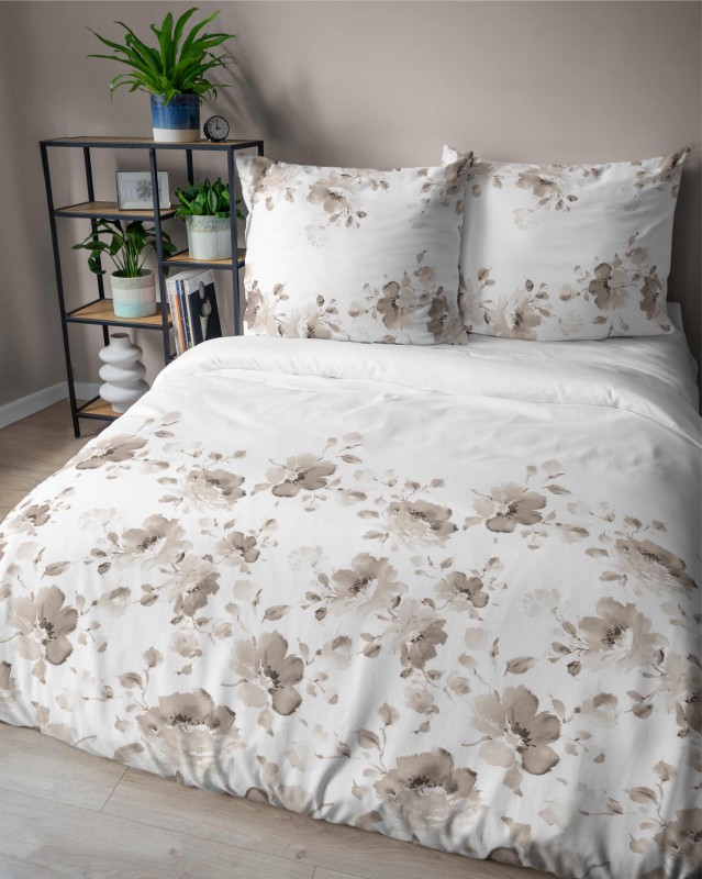 Pościel satynowa 220x200 Home Satin 410 biała beżowa kwiaty-4