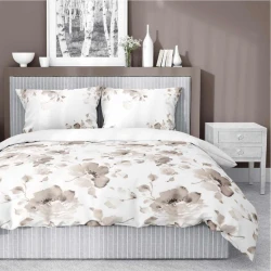 Pościel satynowa 220x200 Home Satin 410 biała beżowa kwiaty