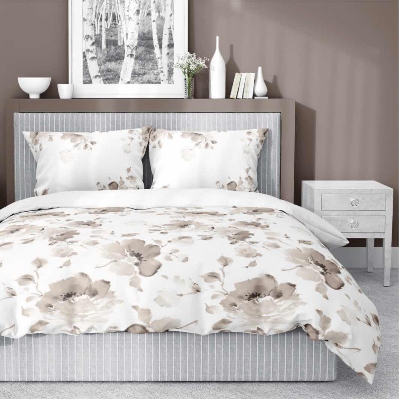 Pościel satynowa 220x200 Home Satin 410 biała beżowa kwiaty-1
