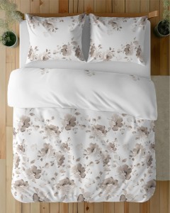 Pościel satynowa 220x200 Home Satin 410 biała beżowa kwiaty-5