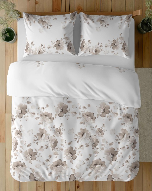 Pościel satynowa 220x200 Home Satin 410 biała beżowa kwiaty-5