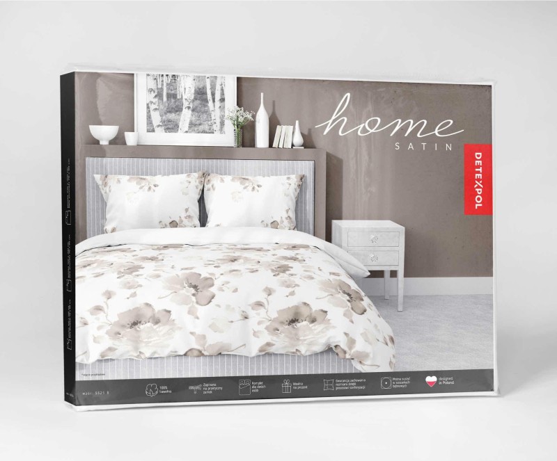 Pościel satynowa 220x200 Home Satin 410 biała beżowa kwiaty-6
