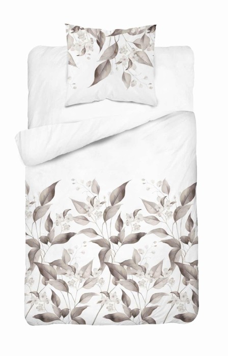 Pościel satynowa 140x200 Home Satin 41 biała beżowa brązowa liście-2