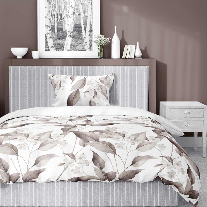 Pościel satynowa 140x200 Home Satin 41 biała beżowa brązowa liście-1